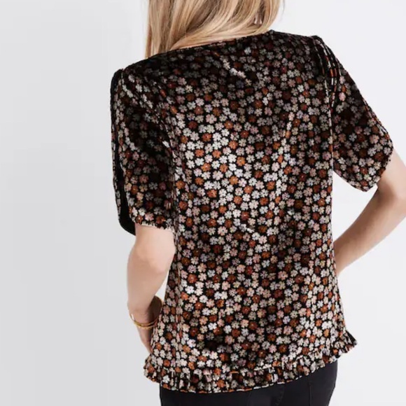 Madewell Burnout Velvet Charcoal Petite Blooms Tulip-Sleeve Ruffle Blouse Med - Picture 3 of 12